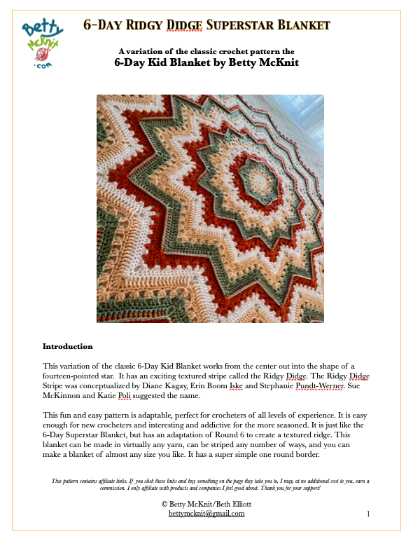 6-Day Ridgy Didge Superstar Blanket - Crochet Pattern by Betty McKnit