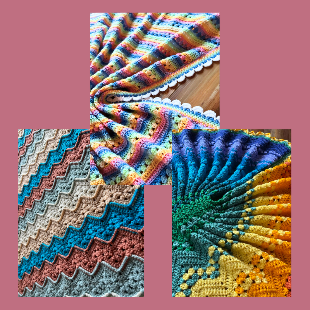 6-Day Ridgy Didge, Retro, and Sweetheart Rainbow Baby Blanket Crochet Pattern Bundle by Betty McKnit